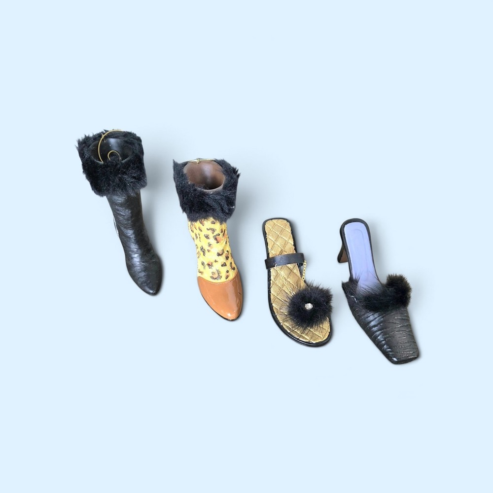 Miniature Shoe Ornaments Set of 4 Faux Fur Leopard Gold Black Stiletto Mules